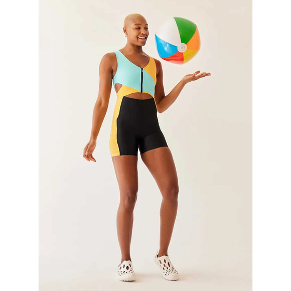 OUTDOOR VOICES SplashKnit 6" Bodysuit Small Colorblock Black Teal Yellow NWT - Picture 3 of 8